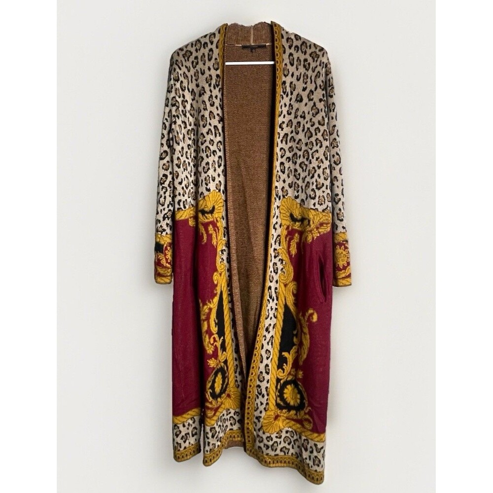 Maxsport Long Duster Open Front Leopard Print Cardigan Size M